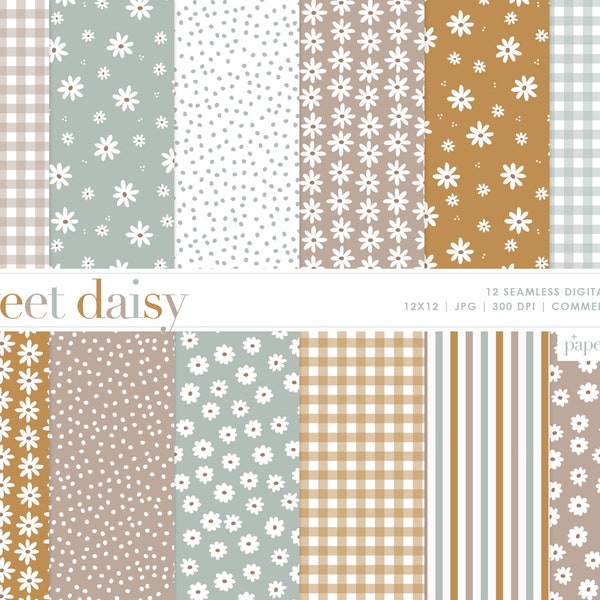 Daisy Digital Paper, Daisy Floral Seamless Repeat Pattern, Boho Floral Seamless pattern, Boho Digital Paper, Commercial Use Digital Paper