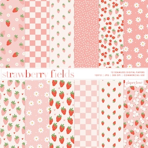Modello senza cuciture con fragole e margherite, modello pastello con fragole, carta con margherite, download digitale, modello boho, carta digitale per uso commerciale