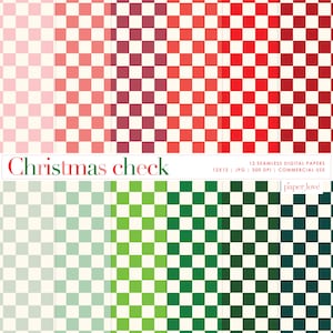 May include: Twelve digital papers featuring a checkered pattern in a range of colours, including red, green, pink, and white. The papers are 12x12 inches and 300 DPI. The text "Christmas check" and "paperlove" are included in the image.