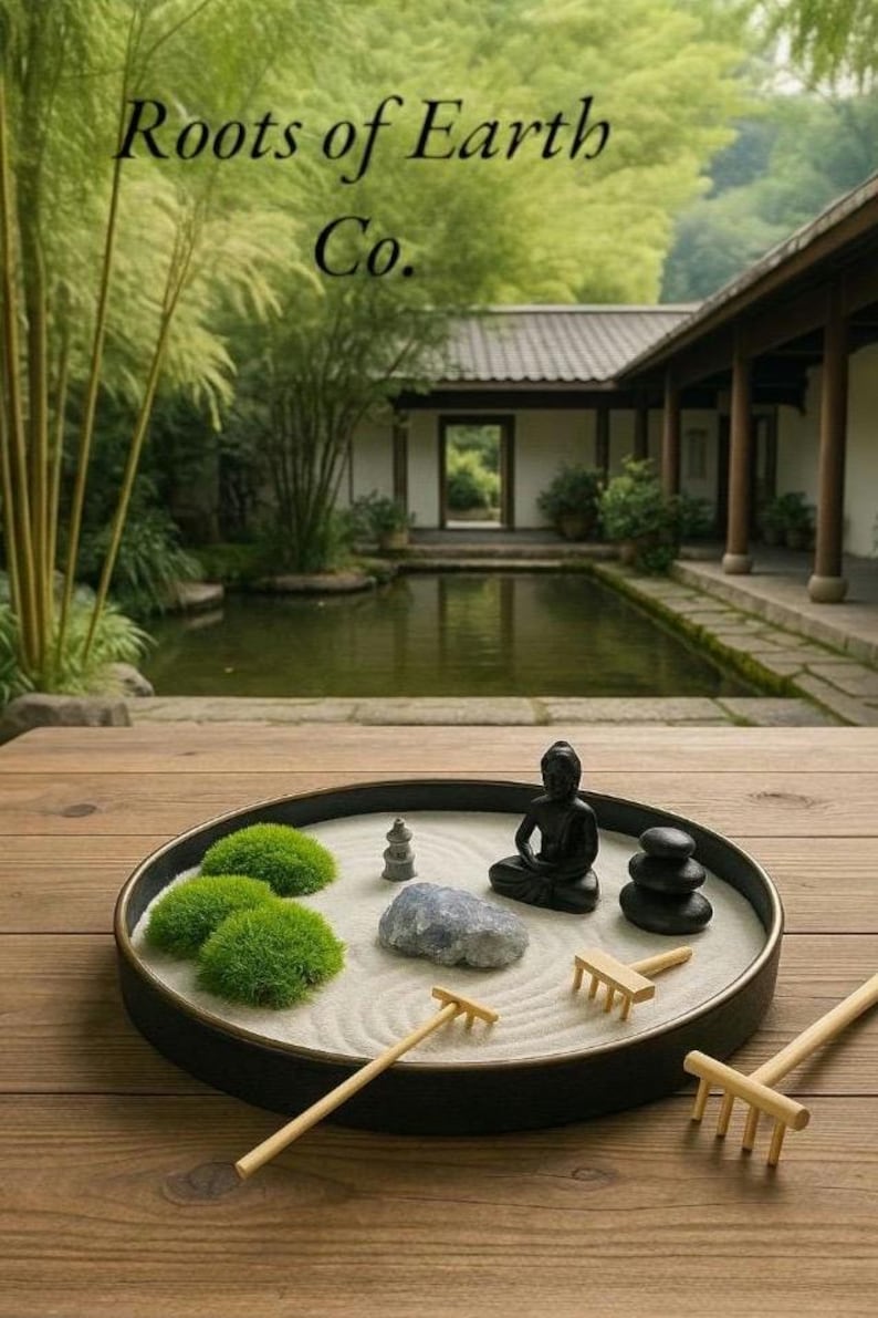 Mindfulness Gift Set Buddha Desktop Collection Zen Garden Package Premium Meditation Tools Office Space Design Black Metal Tray Gold Rim Detail Healing Stones Collection Peaceful Home Essential Relaxation Present