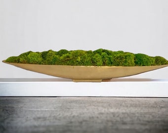 Long moss bowl centerpiece for dining table gold metal boat moss arrangement table top planter modern luxe home decor gift for housewarming