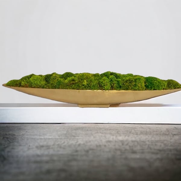 Long moss bowl centerpiece for dining table gold metal boat moss arrangement table top planter modern luxe home decor gift for housewarming