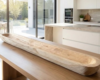 Long Wooden Centerpiece Dining Table Decoration Ideas Rustic Decor Farmhouse Style Dough Bowl Bread Trough Handmade Wood Fruit Container