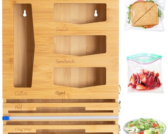 Kitchen drawer organizer gift for new homeowner housewarming gift wood food bag organizer for drawer or wall mount with foil wrap dispenser