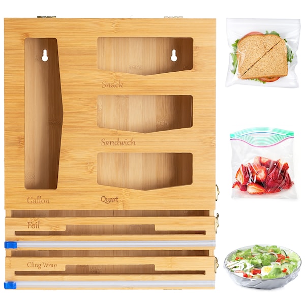 Kitchen drawer organizer gift for new homeowner housewarming gift wood food bag organizer for drawer or wall mount with foil wrap dispenser