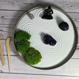 Desktop Zen Garden Buddha Meditation Set Premium Office Gift Collection Healing Stones Package Mindfulness Practice Tools Black Metal Tray Design Peaceful Space Essential Relaxation Gift Set Spiritual Home Decor