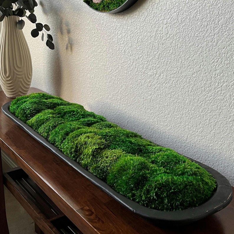 Extra-Large 40 inch Handmade Wood Bowl with Preserved Moss – Rustic, Low-Maintenance Table Accent Black