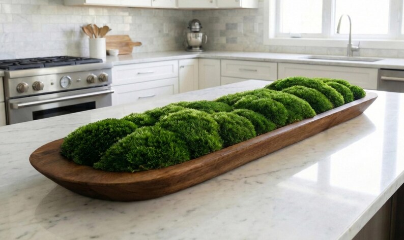 Extra-Large 40 inch Handmade Wood Bowl with Preserved Moss – Rustic, Low-Maintenance Table Accent Dark Teak Wood