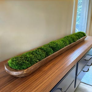 May include: A long, narrow, hand-carved wooden dough bowl filled with vibrant green preserved moss. The bowl has a smooth, natural brown wood grain finish and sits horizontally, showcasing a textured, rounded interior filled with dense moss.