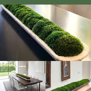 May include: A long, narrow, light-colored wooden dough bowl filled with vibrant green preserved moss. The text "One Long Bowl Instead of a Dozen Small Things" appears at the top, and "ROOTS OF EARTH CO." is printed at the bottom of the image.