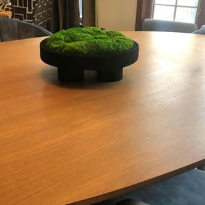 May include: A circular black container with short, thick legs filled with vibrant green preserved moss. The container has a smooth, matte finish and a low-profile design, creating a contrast between the dark base and the textured green moss.