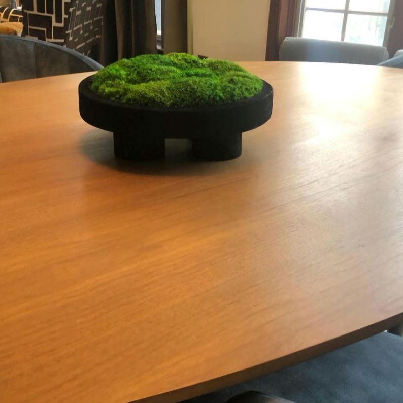 May include: A circular black container with short, thick legs filled with vibrant green preserved moss. The container has a smooth, matte finish and a low-profile design, creating a contrast between the dark base and the textured green moss.
