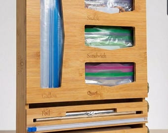 Bamboo Food Bag Organizer & Wrap Dispenser - Storage Bag Holder - Kitchen Drawer Organizer or Wall Mount - Sustainable Kitchen Gift