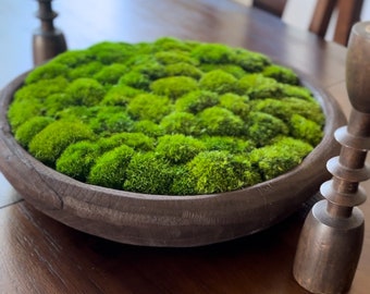 Centro de mesa de centro con cuenco de musgo preservado, decoración moderna para el hogar, mesa auxiliar inspirada en la naturaleza, diseño de interiores minimalista y ecológico.