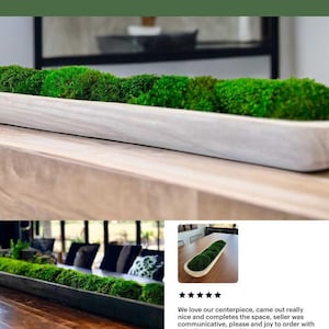 May include: A long, narrow, pale Paulownia wood dough bowl filled with vibrant green preserved moss. The text European Greenery in Pale Paulownia Wood and Roots of Earth Co. appear on the image, along with a five-star review from a buyer.
