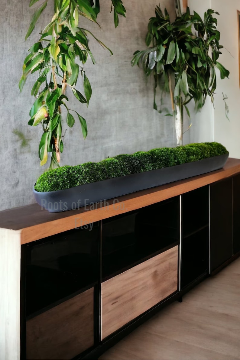 Resin Trough Centerpiece Faux Plant Minimalist Home Accent Nature Inspired Decor Office Table Shelf Modern Planter Low Maintenance Greenery Preserved Moss Arrangement Biophilic Design Indoor Nature