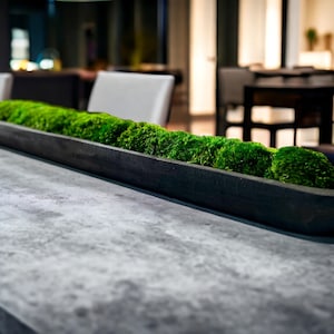 May include: A long, narrow, matte black rectangular trough planter filled with vibrant green preserved moss. The container has a smooth, solid construction and is positioned horizontally, showcasing a dense, textured arrangement of natural moss.