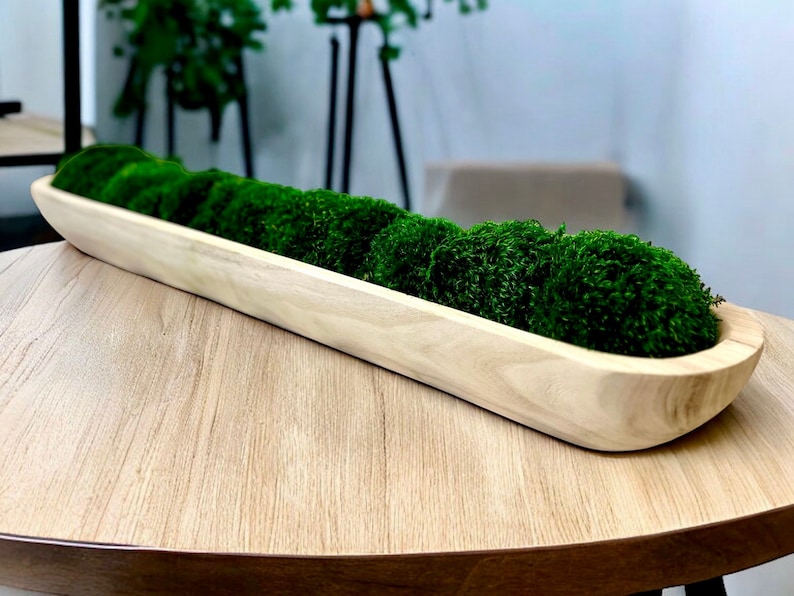 Handmade Paulownia Wood Bowl Preserved Moss Eco-friendly Sustainable Decor Biophilic Design Modern Rustic Home Accent Wedding Centerpiece Coffee Table Decoration Gift New HomeownersMoss bowl centerpiece for table
