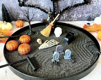 Kit da giardino zen gotico per Halloween - Set da meditazione con sabbia spettrale e decorazioni da strega - Regalo spirituale di lusso da scrivania per alleviare lo stress