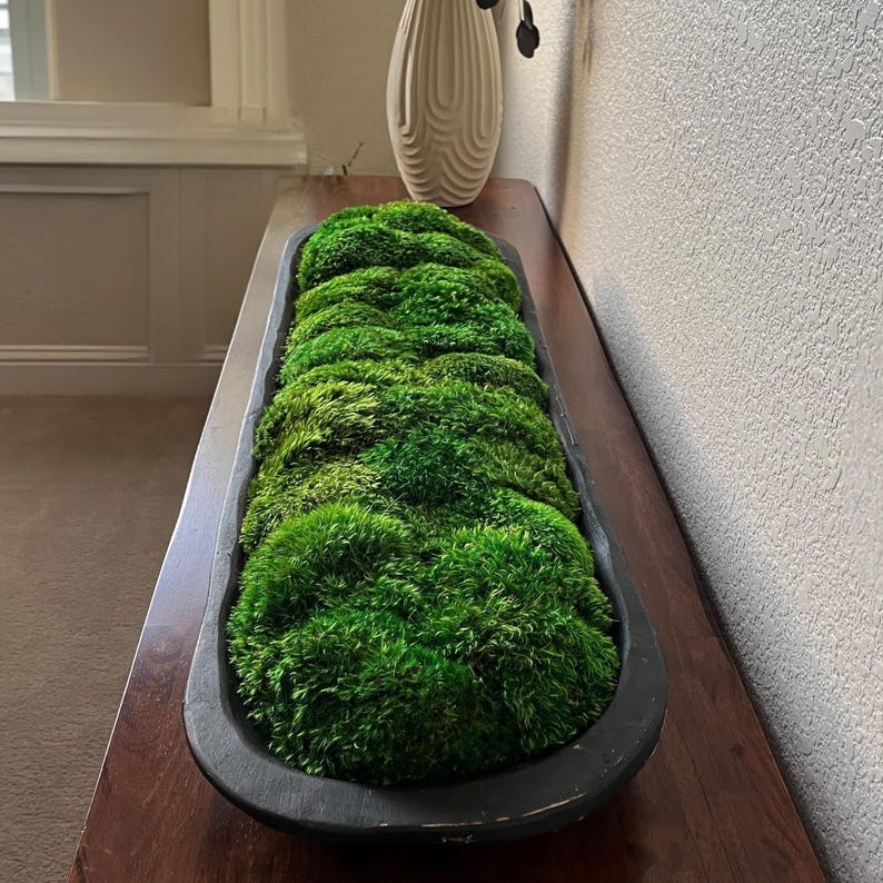 May include: A long, rectangular wooden trough filled with vibrant green preserved moss. The moss is arranged in rounded, overlapping clumps, creating a textured, undulating landscape.  The trough is light brown and provides a natural contrast to the deep green of the moss. This preserved moss arrangement is ideal for adding a touch of nature to any indoor or outdoor space. The moss appears soft and lush, suggesting high quality and realistic appearance.