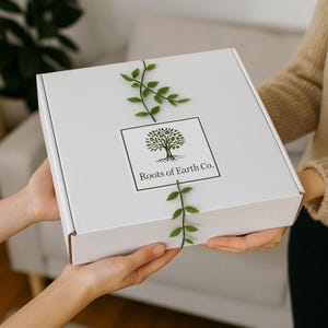 May include: A white box with a green leafy vine design and the text "Roots of Earth Co." in a square label. The box is being held by two hands.