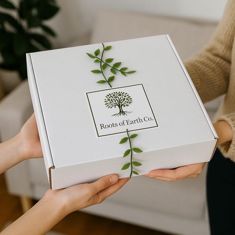 May include: A white box with a green leafy vine design and the text "Roots of Earth Co." in a square label. The box is being held by two hands.