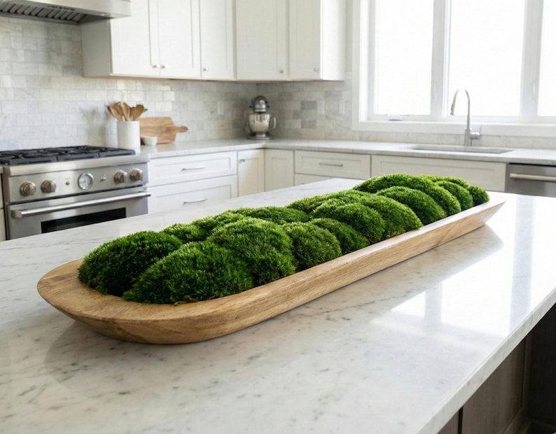 Extra-Large 40 inch Handmade Wood Bowl with Preserved Moss – Rustic, Low-Maintenance Table Accent Light Teak Wood