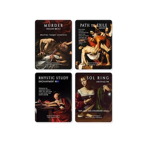 May include: Four Magic: The Gathering cards with classic art. The cards are labeled "Murder", "Path to Exile", "Rhystic Study", and "Sol Ring". Each card features a unique image and text description.