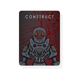 May include: A gray robot with red eyes and a black skull on its chest. The robot is standing in front of a red and black background with the word "CONSTRUCT" at the top.