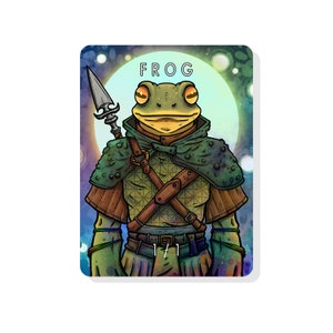 May include: A cartoon illustration of a frog wearing armor and holding a spear. The frog is green with yellow eyes and a brown belt. The background is a blue and purple gradient with white stars.