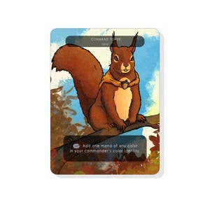 May include: A fantasy card featuring a brown squirrel wearing a yellow scarf and acorn pendant, perched on a branch. The card reads "COMMAND TOWER Land" with text below. The background shows a blue sky and autumn foliage.