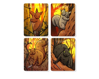 May include: Four illustrated cards featuring squirrels with knives. Each card has a different colored squirrel and a brown background with trees. The text "Squirrel" and "1/1" is on each card.