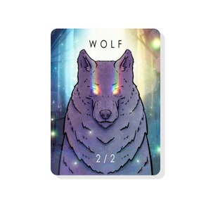 May include: A card game illustration of a wolf with rainbow eyes. The card is titled "WOLF" and has a 2/2 power rating.