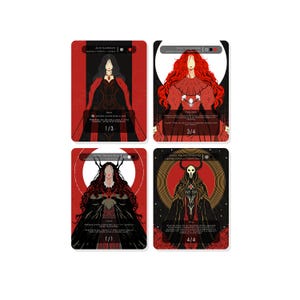 Puede incluir: Cuatro cartas ilustradas con fondos rojos y bordes blancos. Cada carta presenta un personaje diferente con un esquema de color rojo, negro y blanco. El texto en las cartas dice "Anya Falenworth", "Ziva, Crimson Bride", "The Just King" y "The Last Brother". Los números 1/3, 3/4, 1/1 y 4/4 están impresos en la parte inferior de cada carta.