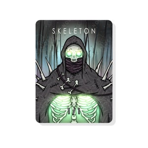 May include: A green-eyed skeleton wearing a black hooded cloak with a purple scarf and bone cross accents. The skeleton is glowing green and has the text "SKELETON 1/1" on its chest.
