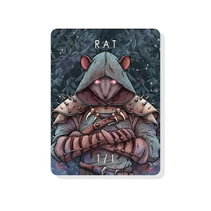 May include: A fantasy card game illustration of a rat wearing armor and a hooded cloak. The rat has red eyes and is holding its arms crossed. The card is titled "RAT" and has a 1/1 power rating.