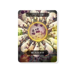 Op de afbeelding: Een Sol Ring Magic: The Gathering kaart met een witte achtergrond en een cirkel van witte ratten rond een gloeiende gele cirkel. De kaarttekst luidt "Sol Ring" en "Artefact".