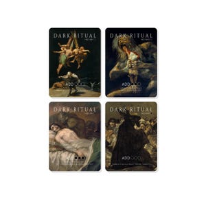 May include: Four tarot cards with dark art imagery. Each card features a different painting with the words "DARK RITUAL INSTANTO" at the top. The bottom of each card has the text "ADD OOO". The cards are on a white background.