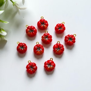 Può includere: Una collezione di ciondoli a forma di pomodoro rosso con anelli color oro per la creazione di gioielli. Ogni ciondolo presenta dettagli verdi e un aspetto realistico, perfetto per progetti di artigianato. I ciondoli sono sparsi su una superficie bianca.