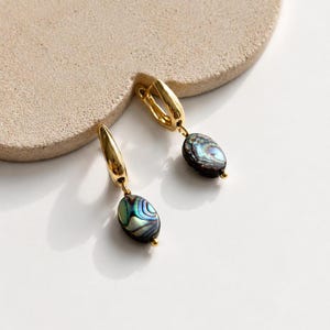 Può includere: Orecchini a cerchio dorati con pendenti ovali in conchiglia di abalone iridescente. Gli orecchini hanno una finitura lucida e un design semplice ed elegante. I pendenti misurano circa 1,5 cm di lunghezza.