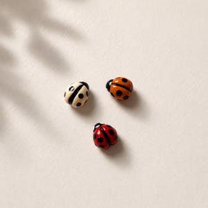 Op de afbeelding: Drie kleine ornamenten in de vorm van een lieveheersbeestje, elk met een gladde, glanzende afwerking. Eén lieveheersbeestje is crèmekleurig met zwarte stippen, één is oranje met zwarte stippen en één is felrood met zwarte stippen, alle met een zwarte kop.