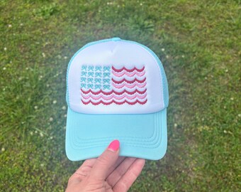 4th of July Coquette Flag Embroidered Foam Front Trucker Hat with Adjustable Snap Back