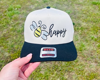 Bee Happy Ball Cap with Adjustable Snap Back Bumble Bee Hat