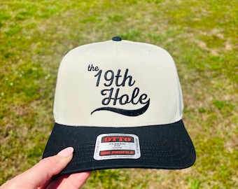 Embroidered The 19th Hole Funny Golf Drinking Hat Ball Cap Choose Your Bill and Thread Color – Adjustable Snap Back