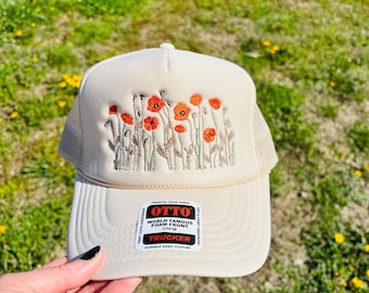 Poppy Flowers Foam Front Rope Trucker Hat with Adjustable Snap Back