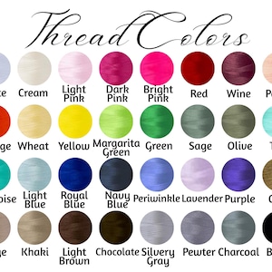 Op de afbeelding: Een kleurenkaart met draadkleuren, waaronder wit, cr&egrave;me, roze, rood, oranje, geel, groen, blauw en goud. De tekst "Thread Colors" staat bovenaan. Elke kleur is gelabeld met zijn naam, zoals "White", "Red" en "Black".