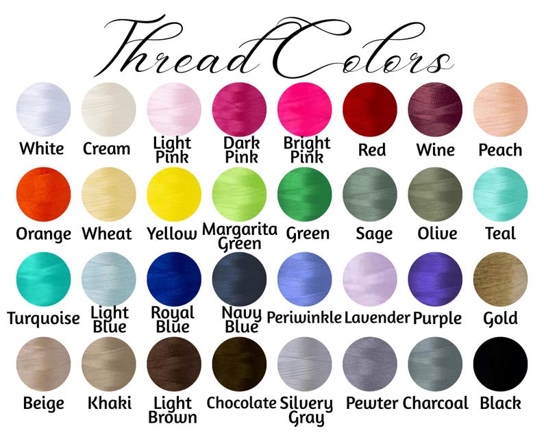 Op de afbeelding: Een kleurenkaart met draadkleuren, waaronder wit, cr&egrave;me, roze, rood, oranje, geel, groen, blauw en goud. De tekst "Thread Colors" staat bovenaan. Elke kleur is gelabeld met zijn naam, zoals "White", "Red" en "Black".