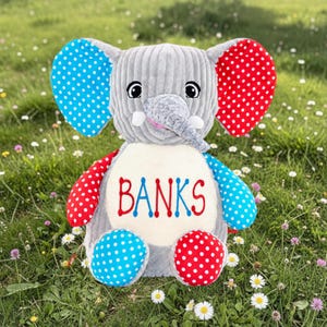 May include: A plush gray elephant toy with blue and red polka dot accents on the ears, arms, and feet. The word "BANKS" is embroidered on the elephant's belly in red and blue thread. The toy is sitting in a grassy field.