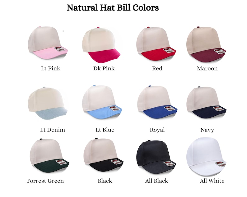 May include: A grid of twelve baseball caps with natural-colored crowns and various colored bills, including light pink, dark pink, red, maroon, light denim, light blue, royal blue, navy, forest green, black, all-black, and all-white options.