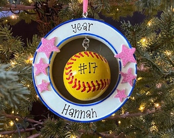 Personalized Softball Ornament for Girl with Dangling Softball Ornament Custom Personalized Christmas Ornament Gift